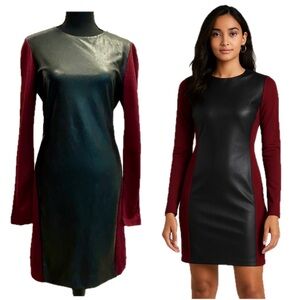 Aritzia Wilfred colorblock dress burgundy jersey black faux leather bodycon L